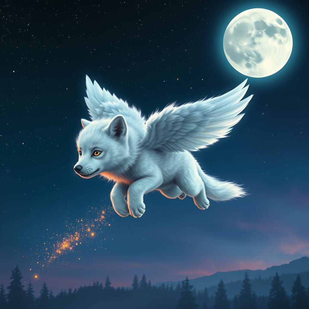 Moonlit Winged Wolf Pup Soars through the Indigo Night Sky