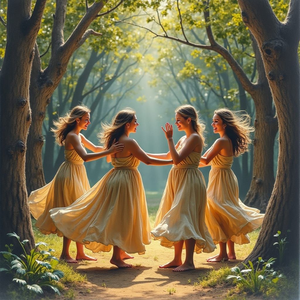 Joyful Women Dancing in a Forest Circle