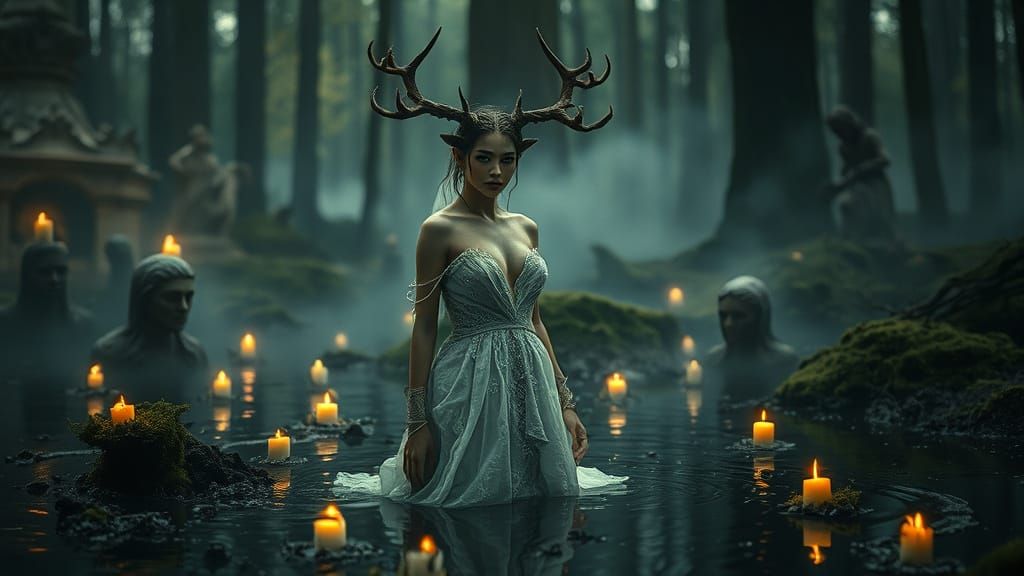 Eerie Forest Spirit in Decaying Landscape