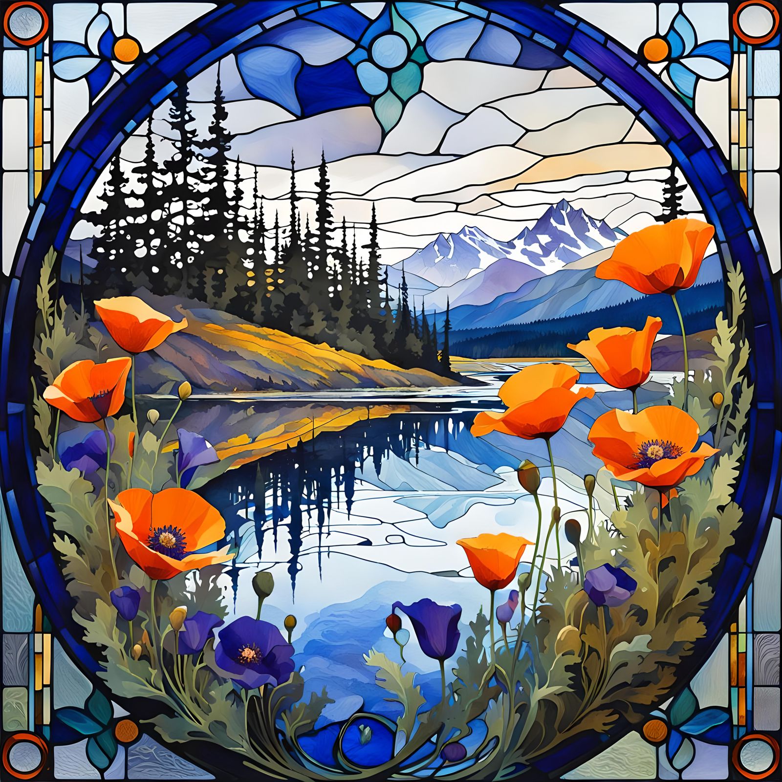 Vibrant Stained Glass Artwork of Poppies Amidst Majestic Mou...
