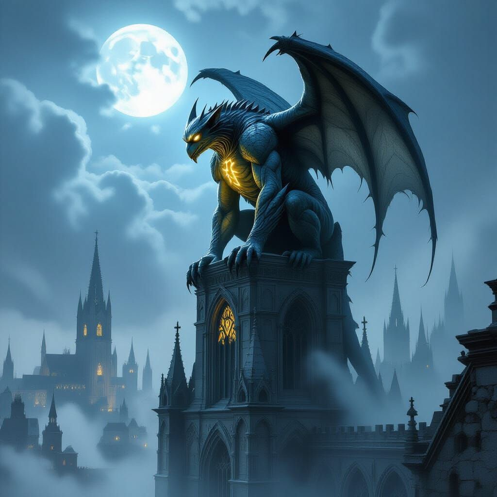 Gargoyle Overlooking Mist-Shrouded City in Dark Fantasy Styl...