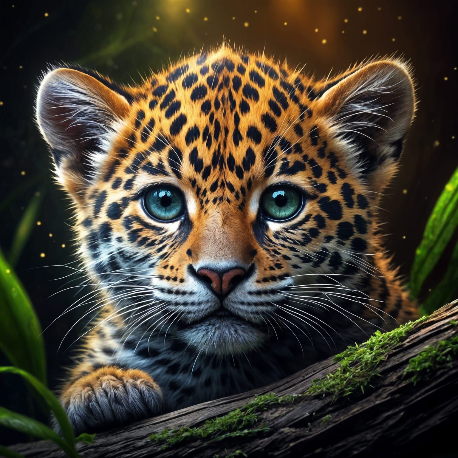 Hyperrealistic Adorable Jaguar Kitten in Forest Undergrowth