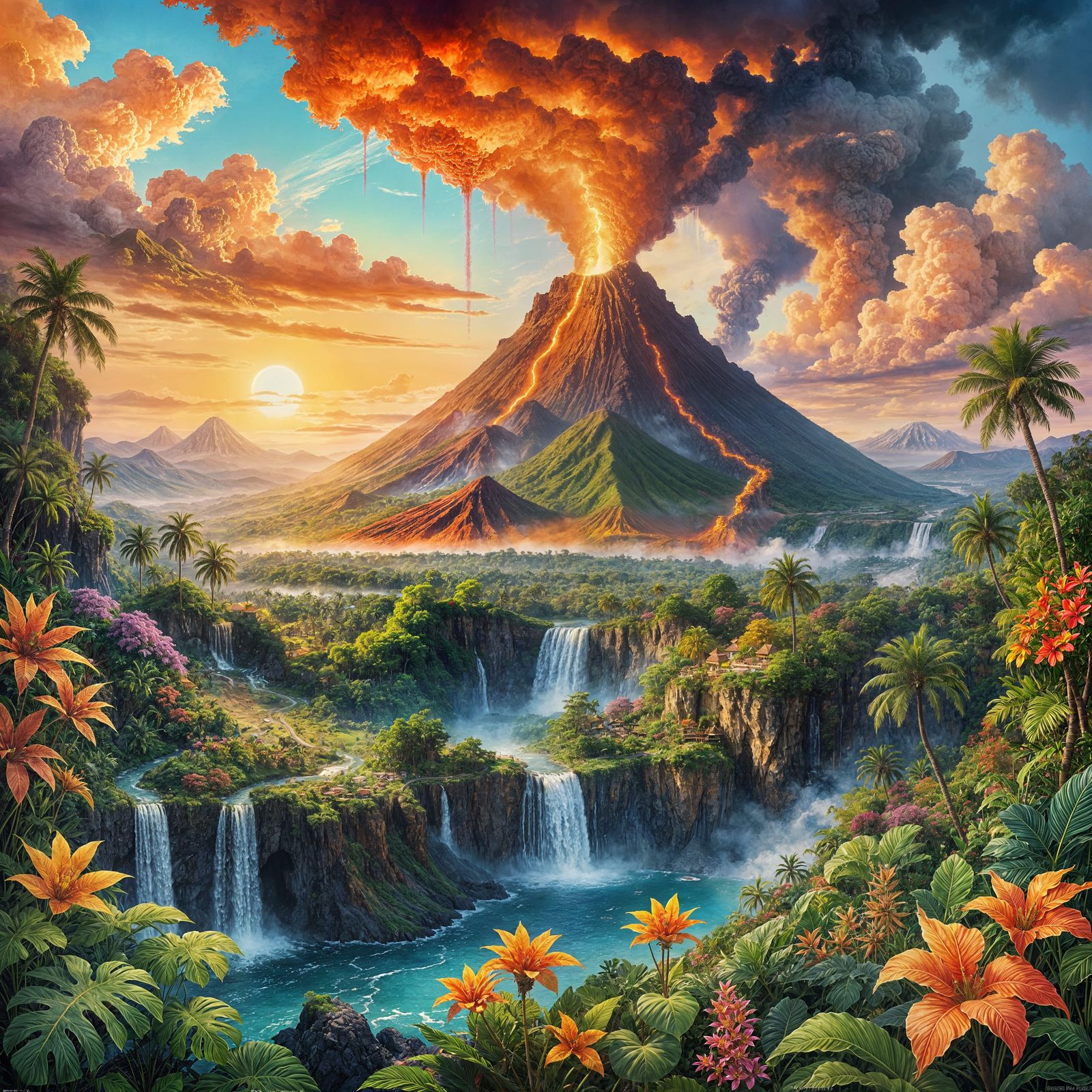 Ethereal Tropical Volcano in Vibrant Fantasy Watercolor