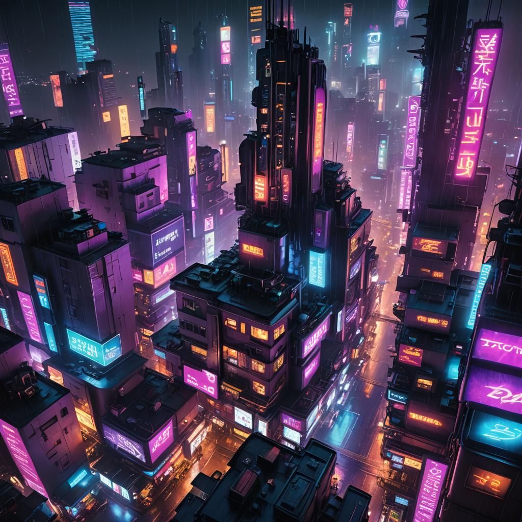 Cyberpunk City Nightscape with Neon Hues