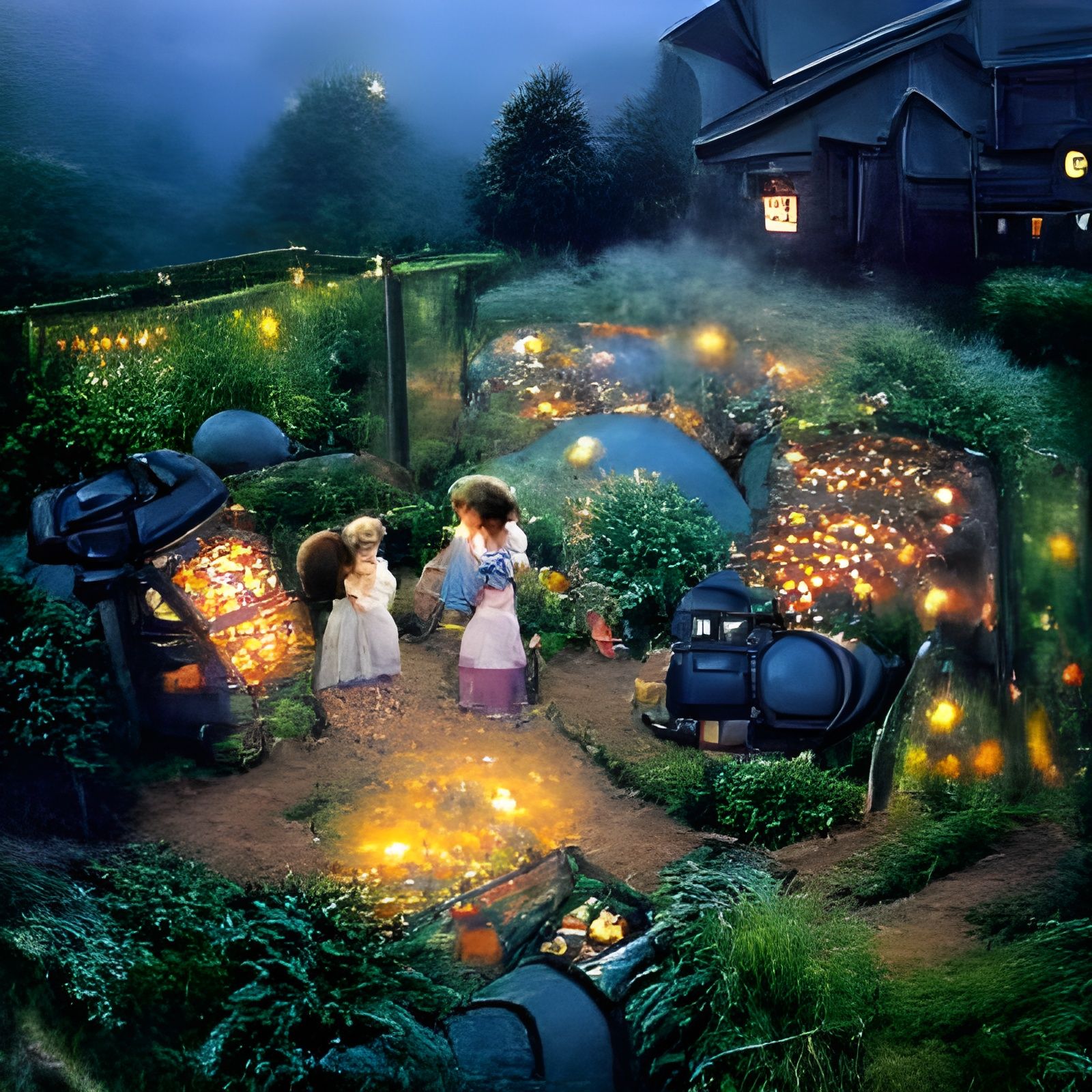 Whimsical Backyard Oasis at Nighttime