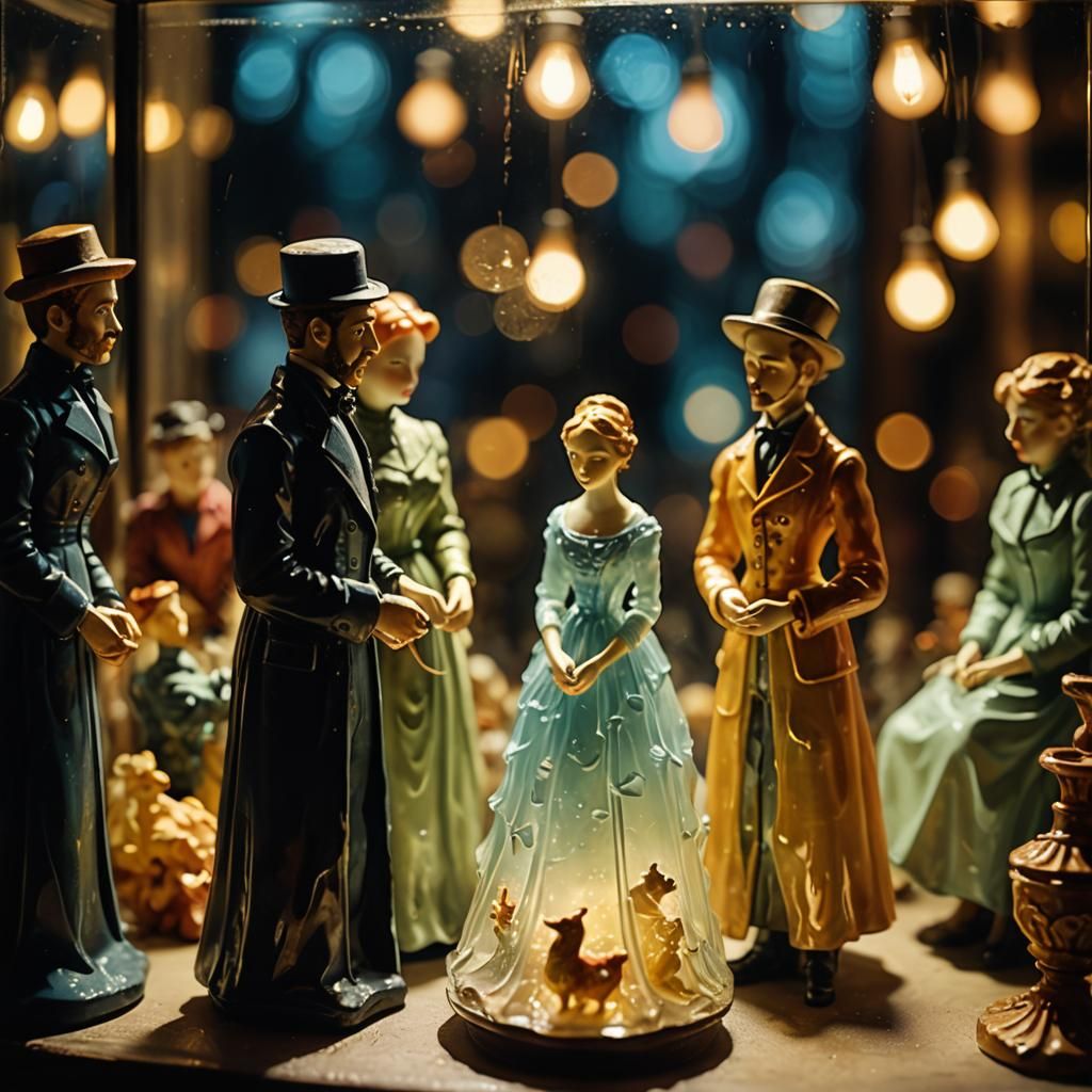 Softly Lit Enameled Glass Figurines in a Vintage-Style Glass...