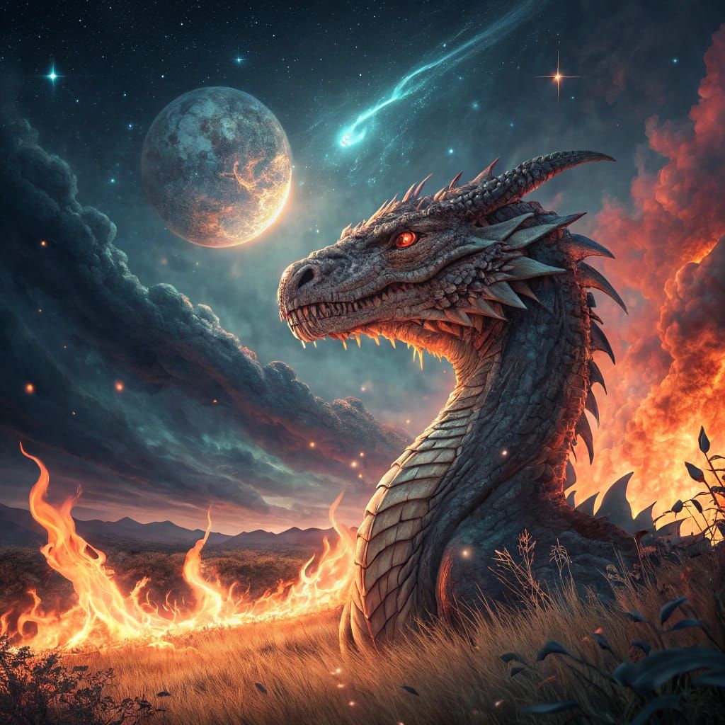 Dragon in Fiery Field Under Cosmic Sky
