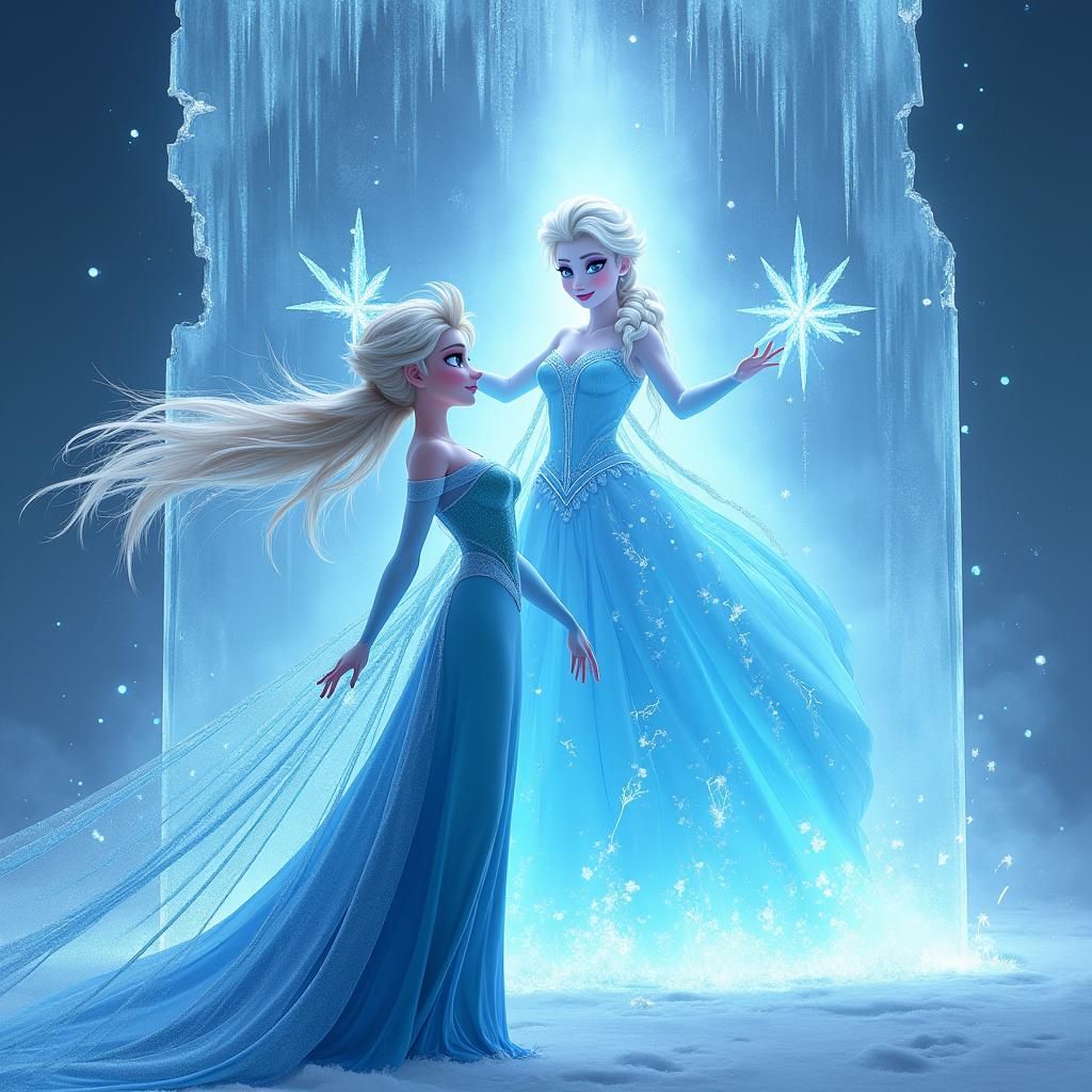 Elsa in Regal Ice Blue Gown Fights Past to Confident Future....