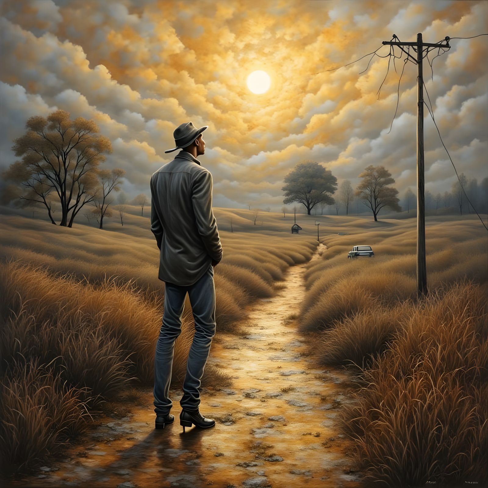 Atmospheric Landscape Painting with Golden Accents