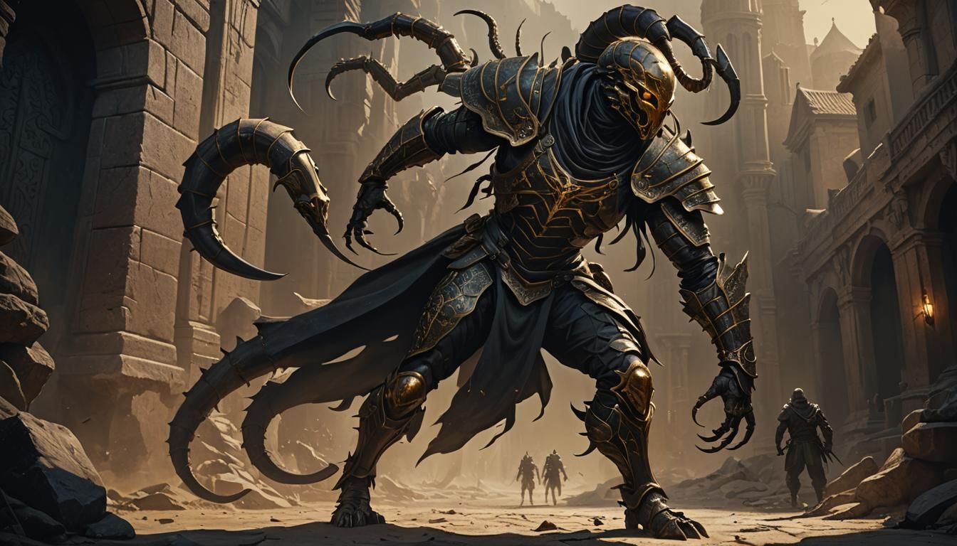Sleek Scorpion Warrior Emerges from Shadows in Golden Armor