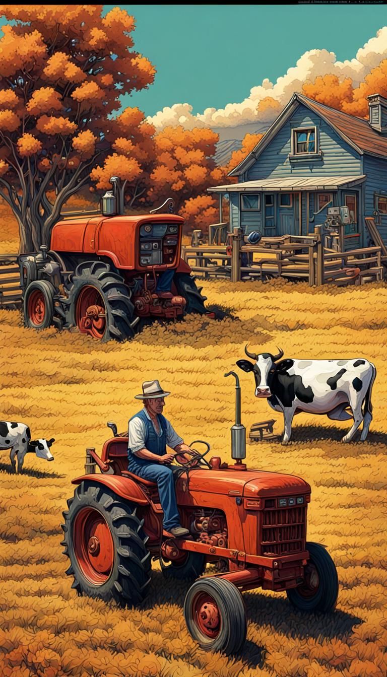 Surreal Tractor-Cow Hybrid Emerges in Warm, Triadic Colors