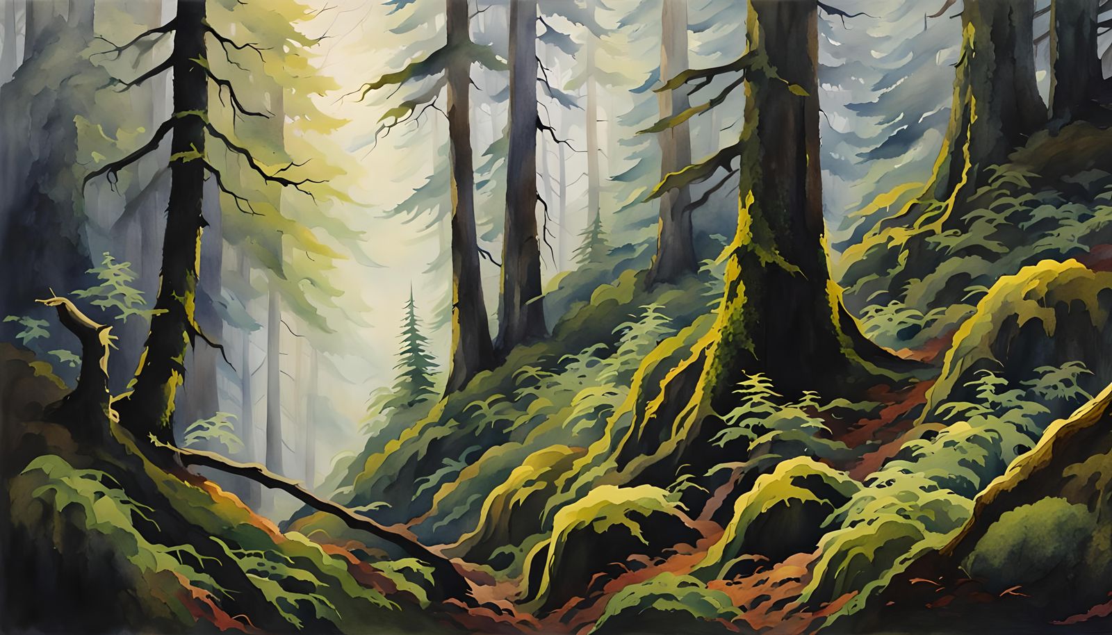 Misty Primordial Forest in Impressionist Watercolor