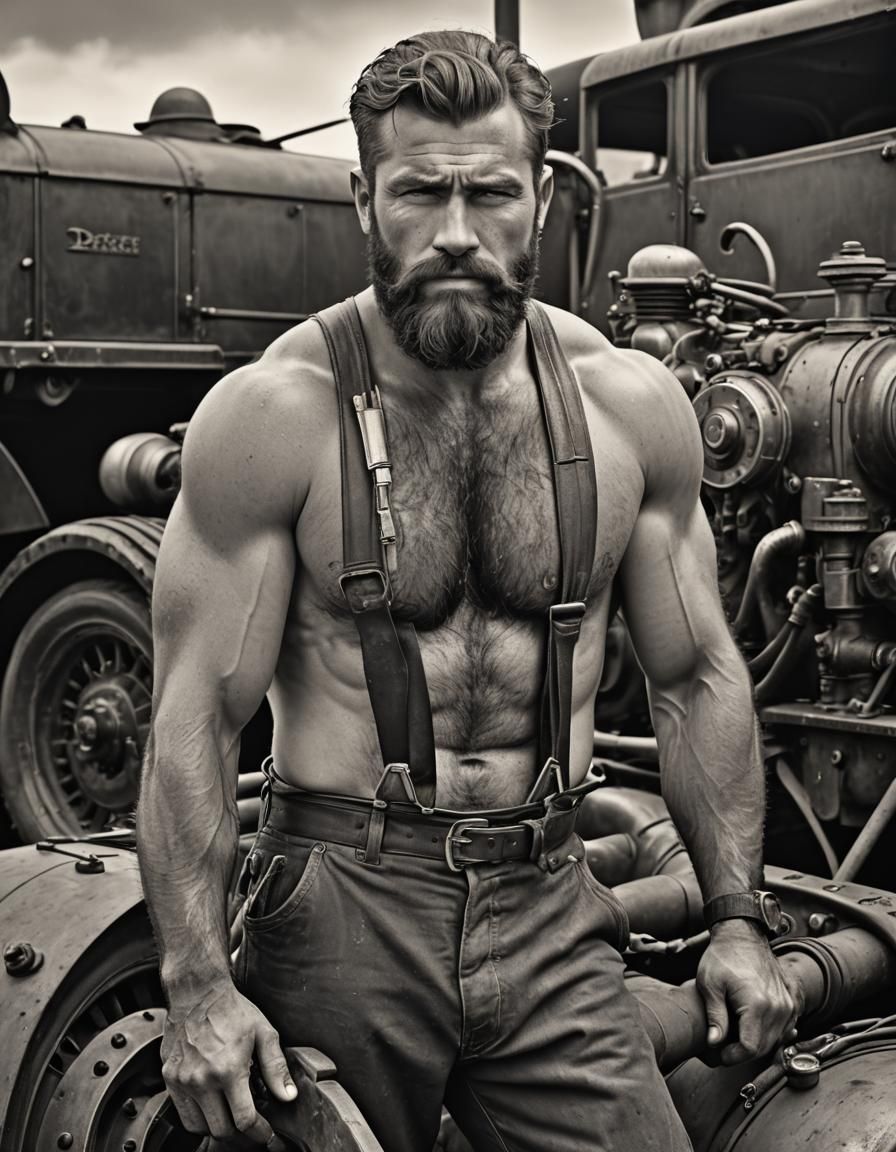 Rugged Diesel Punk Mechanic in Black and White