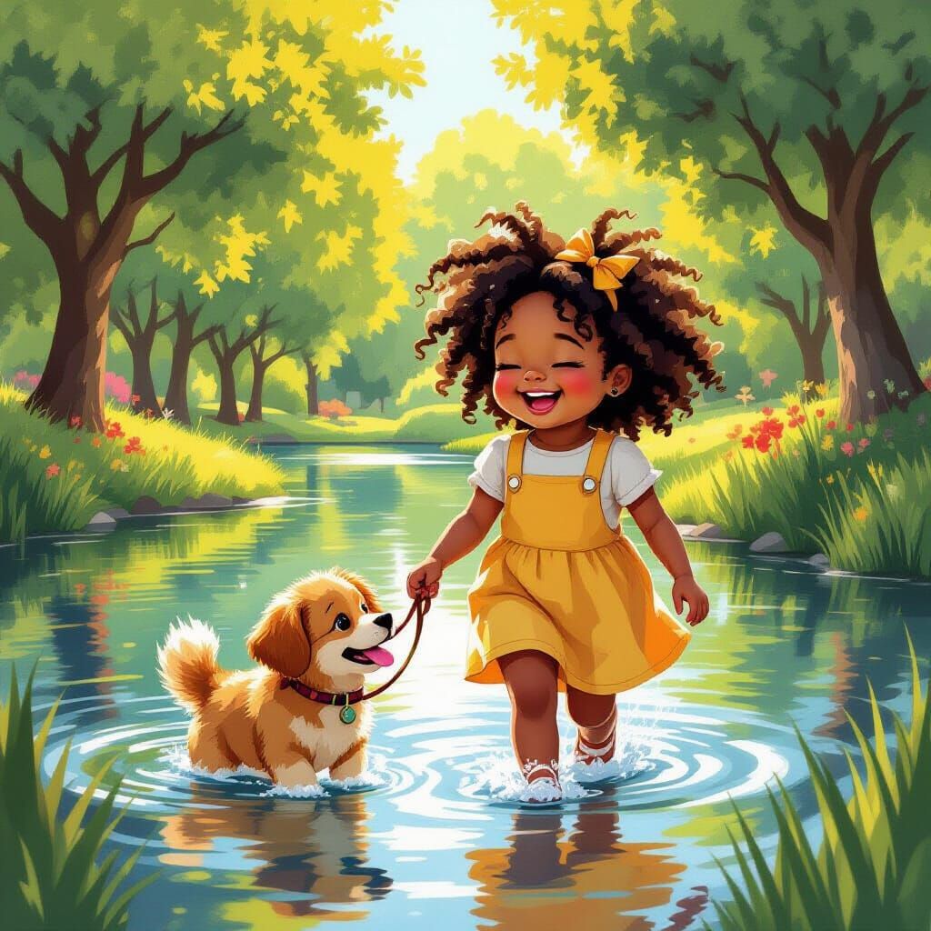 Joyful Girl Walks Dog by Pond in Vibrant Oil Gouache Style