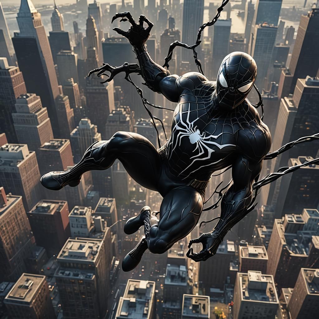 Fantastical NYC Spiderman Swinging with Venom Symbiote Suit