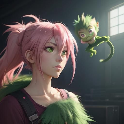 Surreal Anime Cute Grinch Girl with Pink Hair