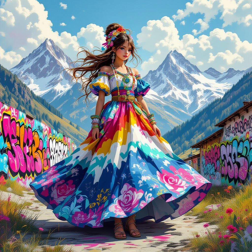 Giant Woman Wearing Mountain Dress in Graffiti Art Style