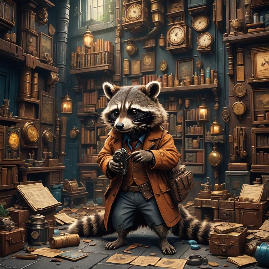 Whimsical Detective Raccoon in Vibrant Fantasy World