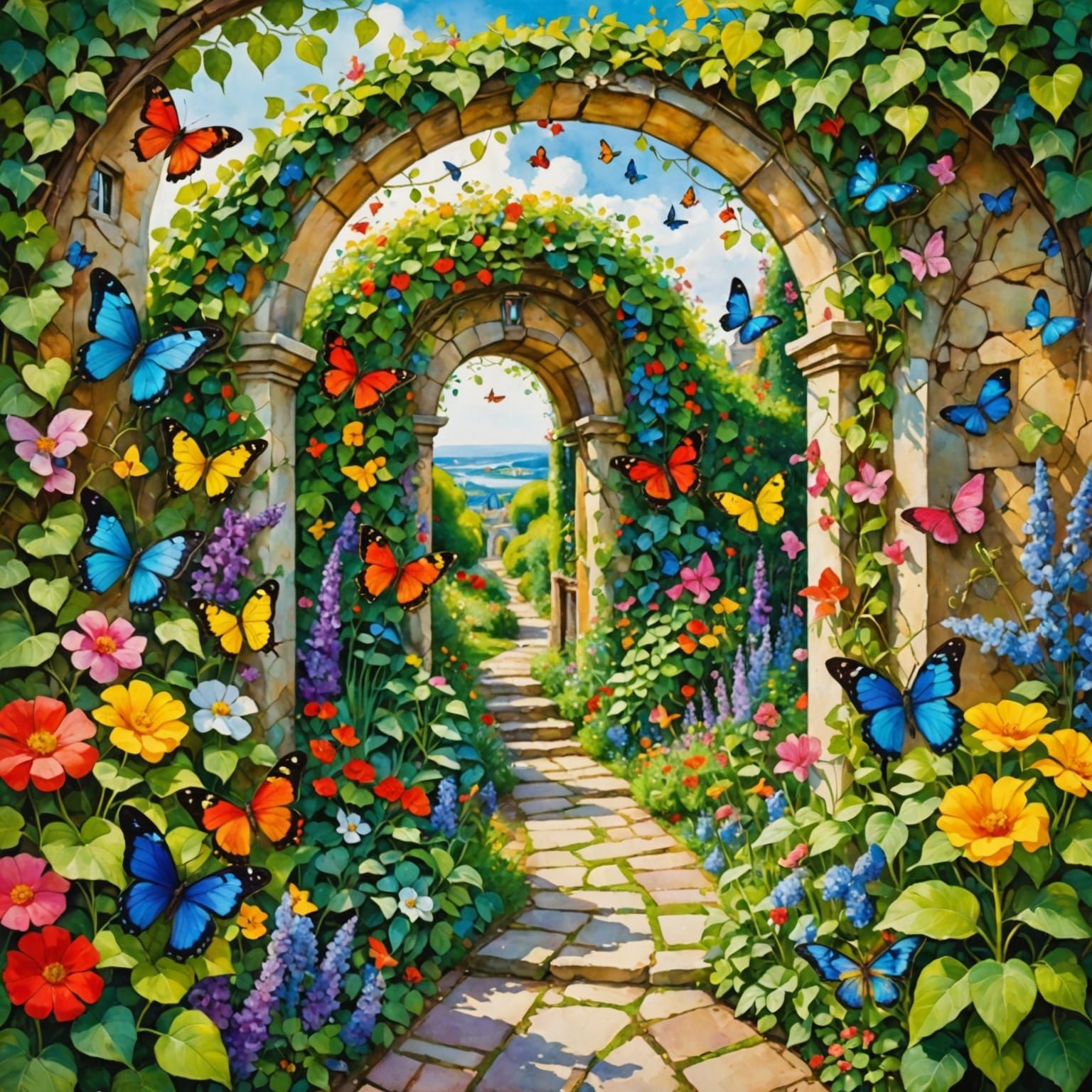 Vibrant Garden Path with Flowers in Watercolor Style