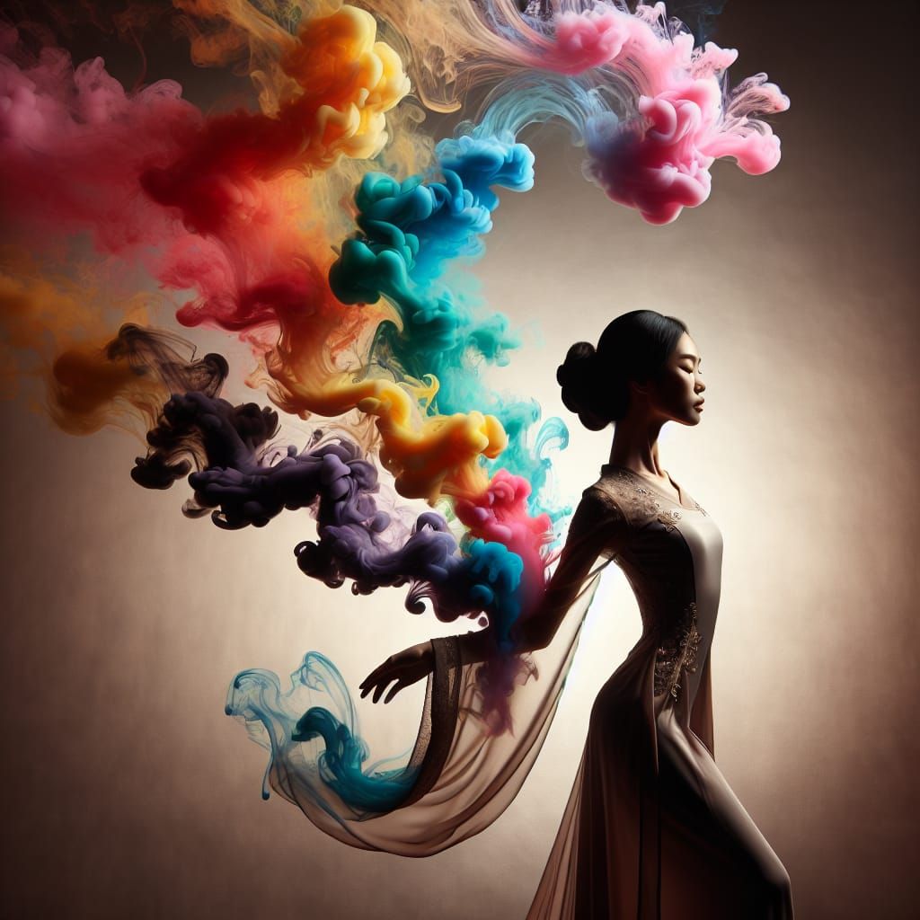 Elegant East Asian Woman Surrounded by Whirlwind of Colorful...