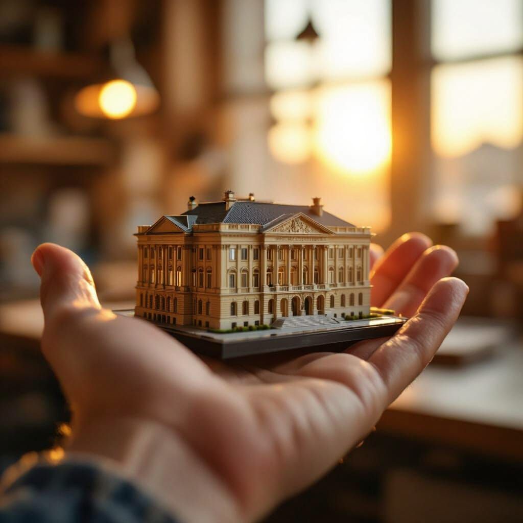 Miniature Grand Building Held in Hand, Golden Hour Light