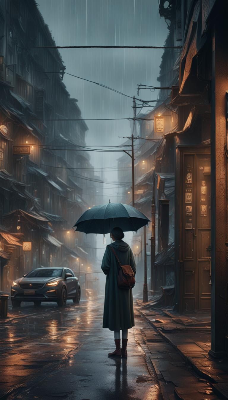 Sorrowful Student Waits Beside Rainy Streets in a Fantastica...