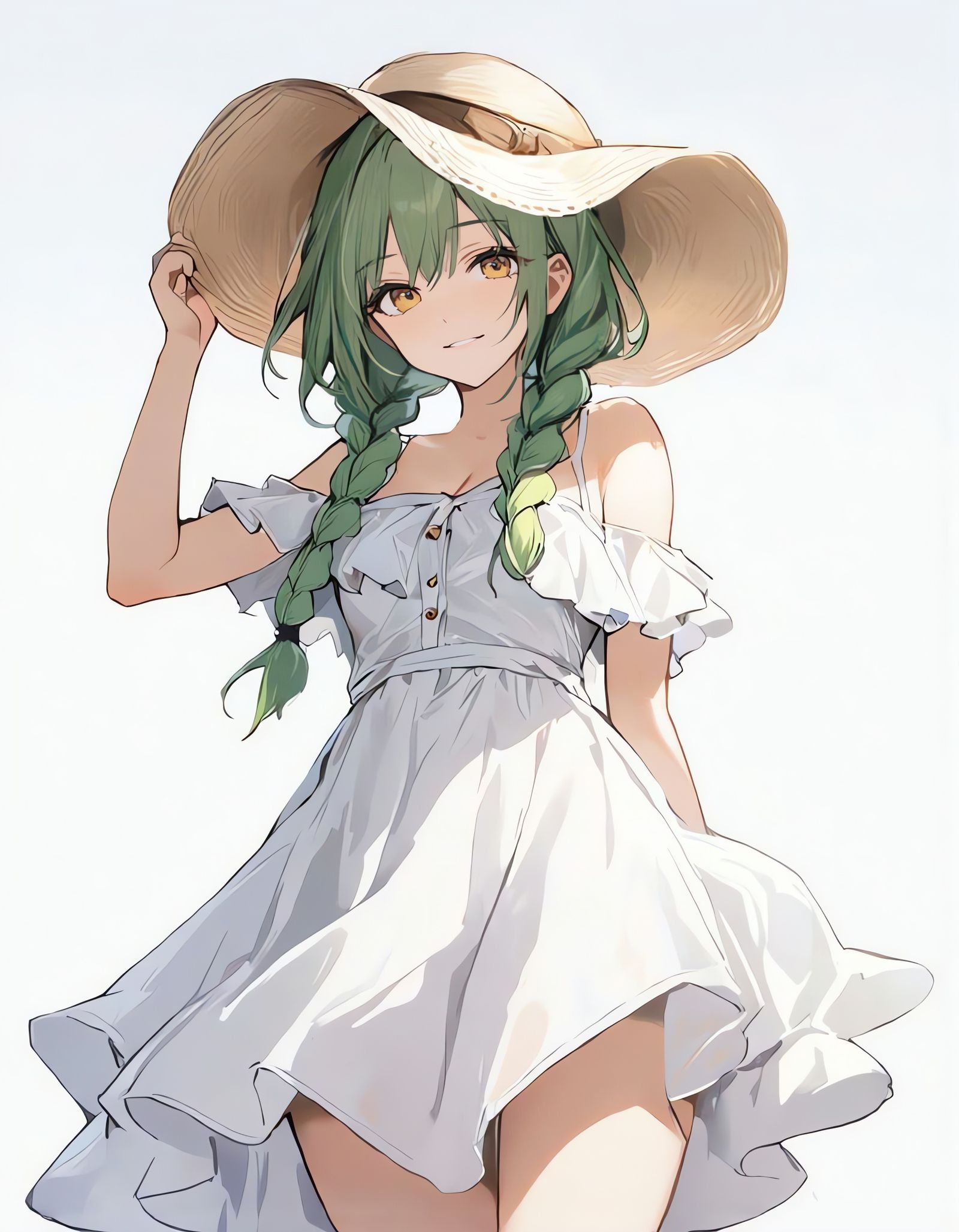 Green Haired Girl in Sun Hat, Cowboy Shot