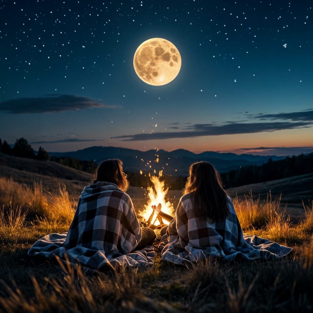 Figures Silhouetted by Bonfire Gaze at Starry Moonlit Sky