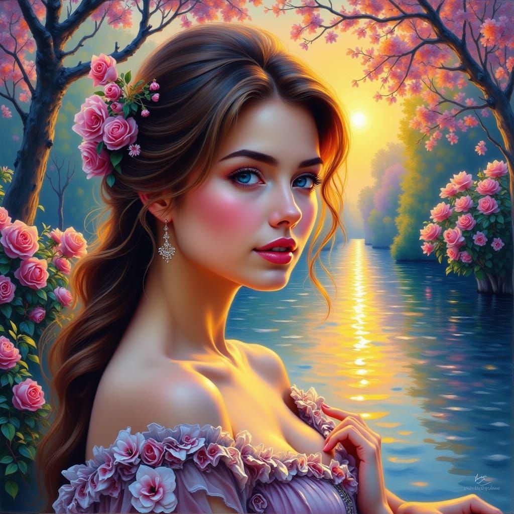 Beautiful Woman by River at Sunset: Oil Painting Style