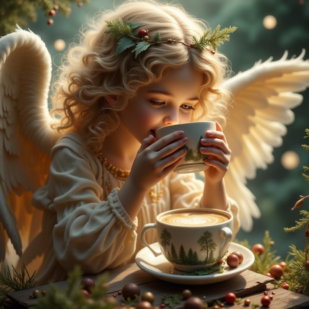 Angel Enjoys Christmas Coffee in Garden