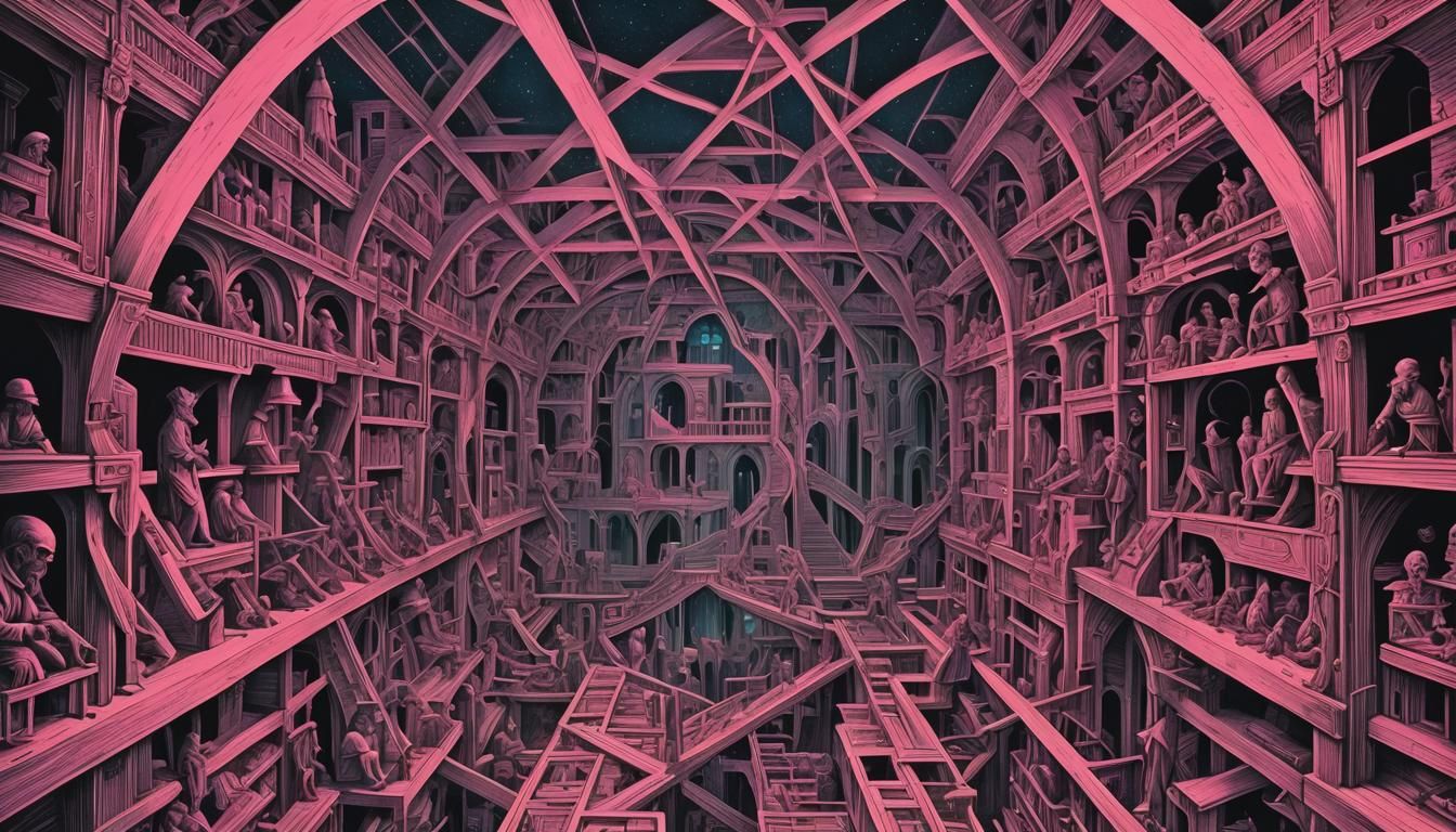 Escher Inspired Cyberpunk Cityscape in Synthwave Neon