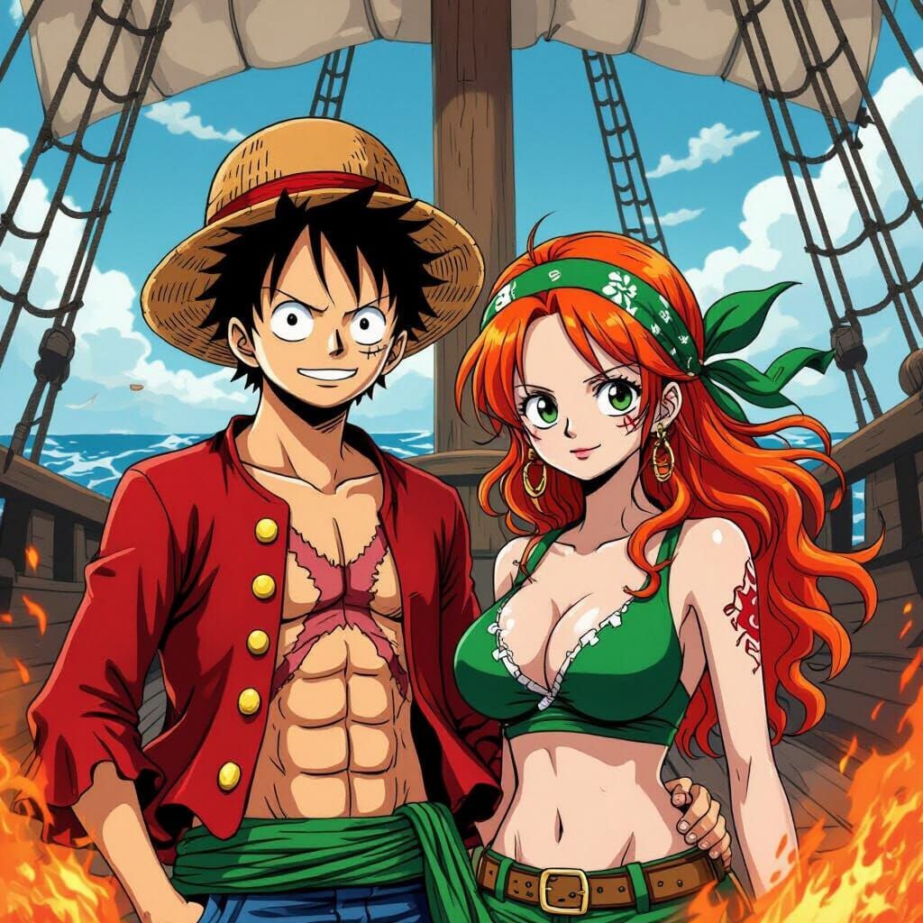 Luffy and Fiery Companion on Deck, Anime Style