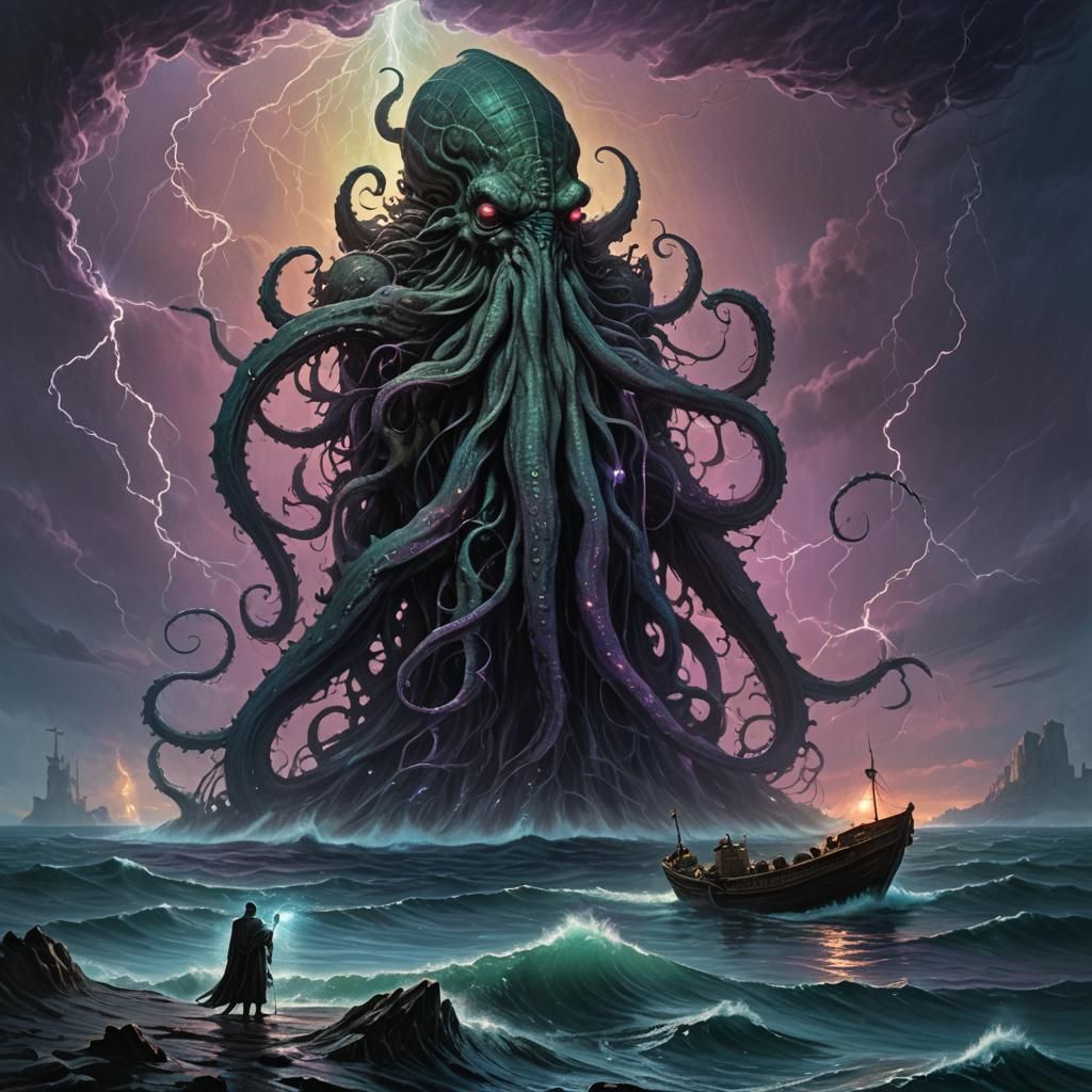 Giant Cthulhu God in Dark, Rainy Ocean Scene