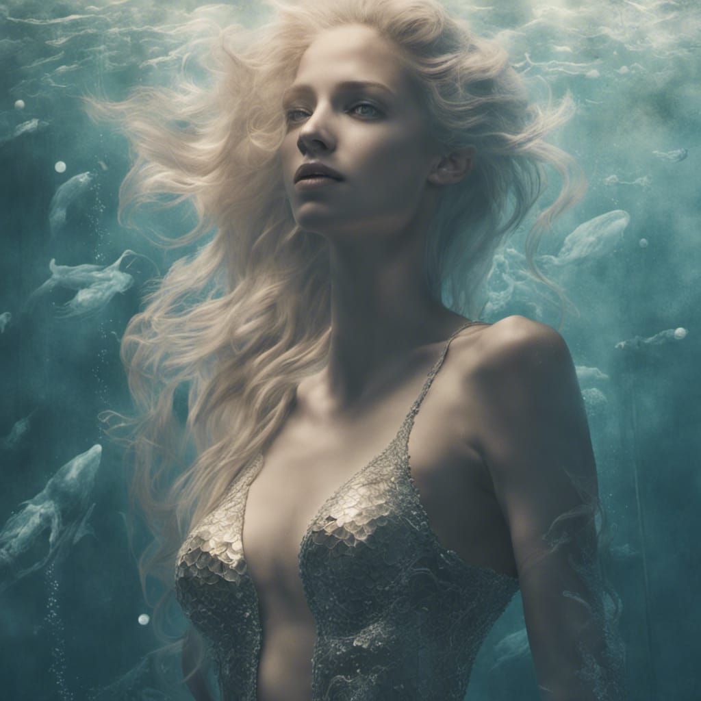 Blond Mermaid Explores Deep Ocean Vastness in Futuristic LED...