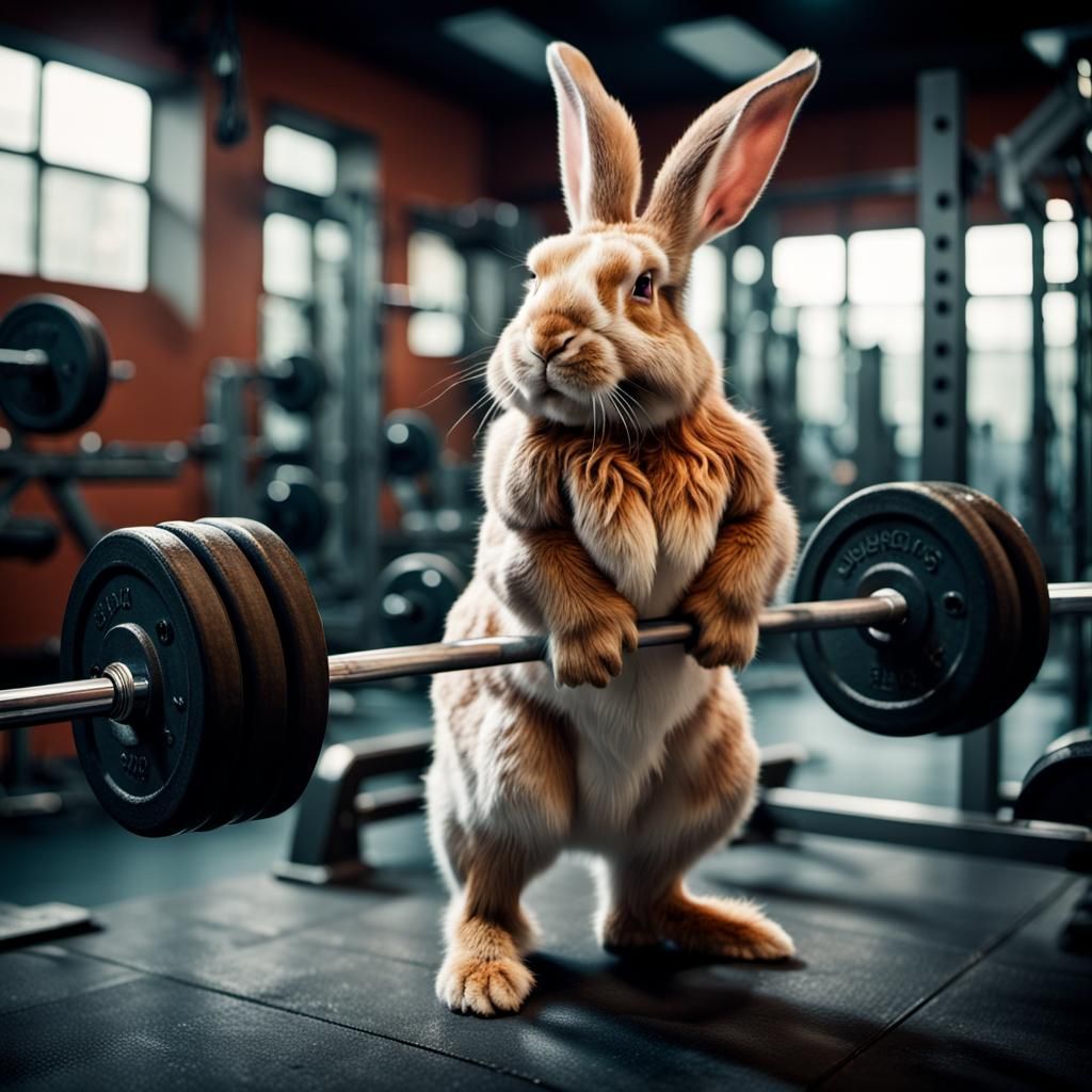 Muscular Rabbit Lifter in Cinematic Gym Scene