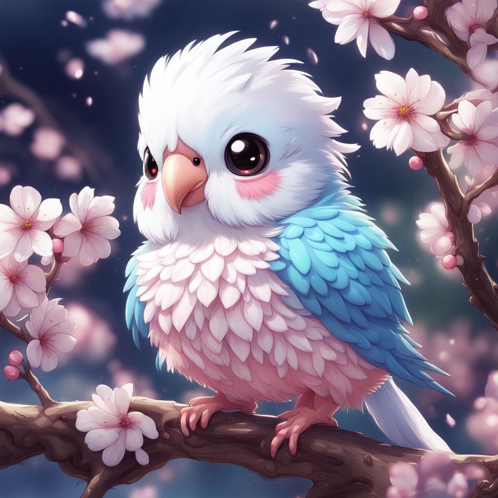 Chibi Parakeet in Fantastical Cherry Blossom Background