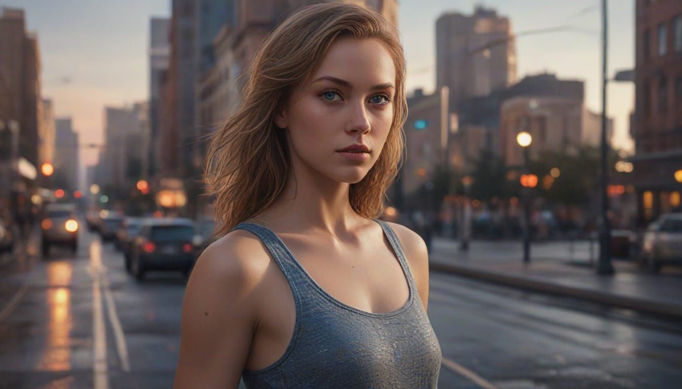 Young Woman in a Cityscape, Captured in Hyper-Realistic Digi...