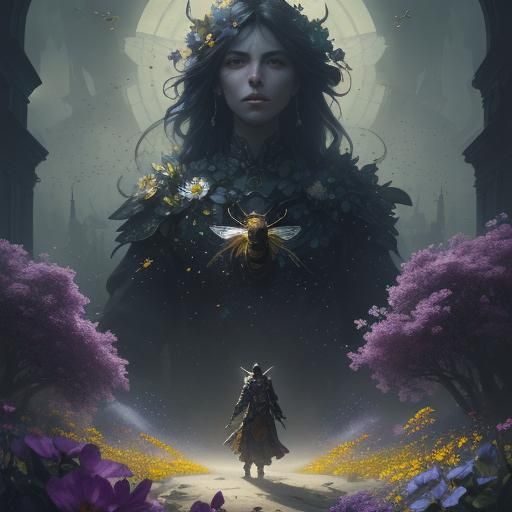 Dark Fantasy Bees Spell 'Buzz' in Vibrant Flowers