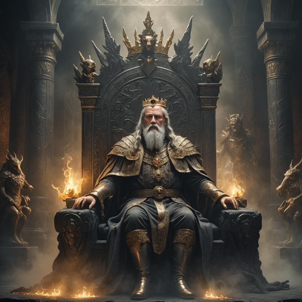 German King in Black Stone Palace Under Golden Hour Light