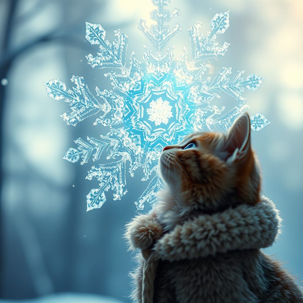 Curious Cat Gazing at a Fractal Snowflake