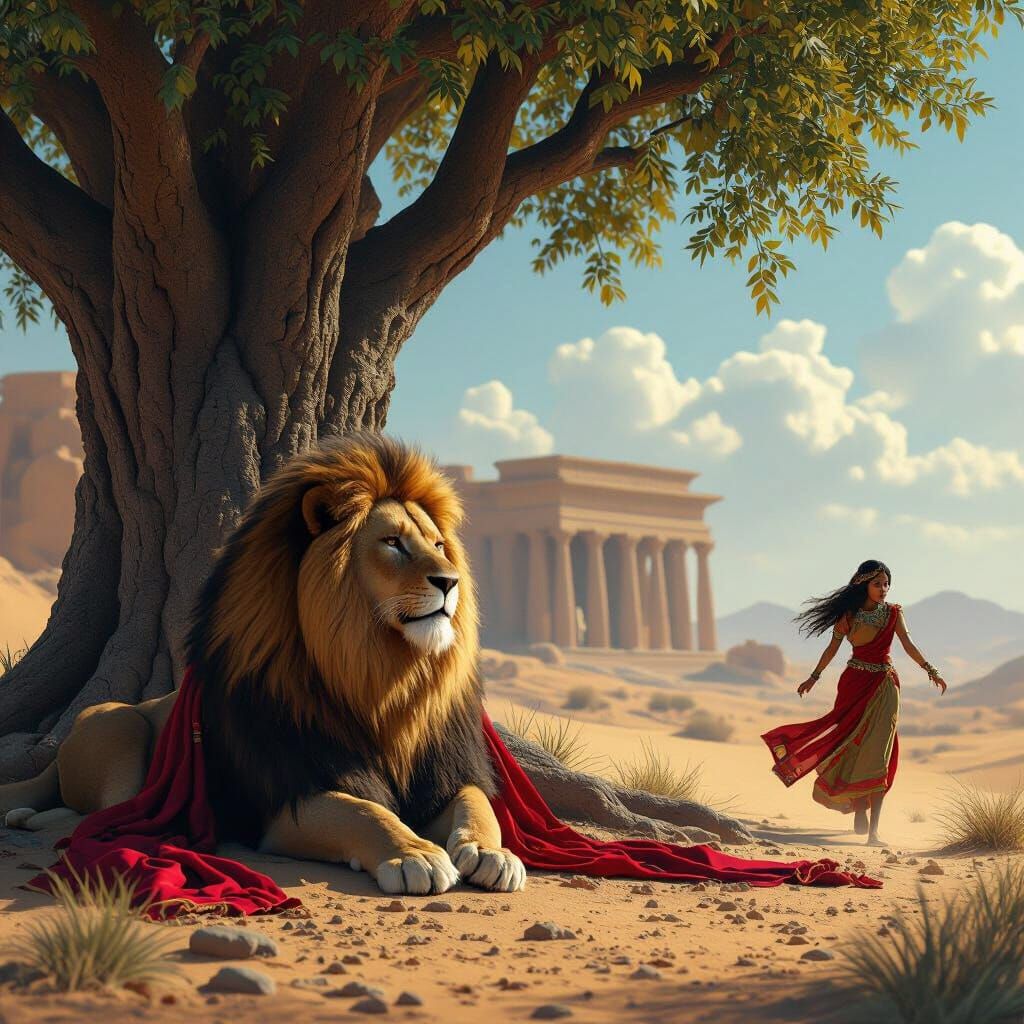 Babylonian Girl Flees Lion Beside Ancient Tree