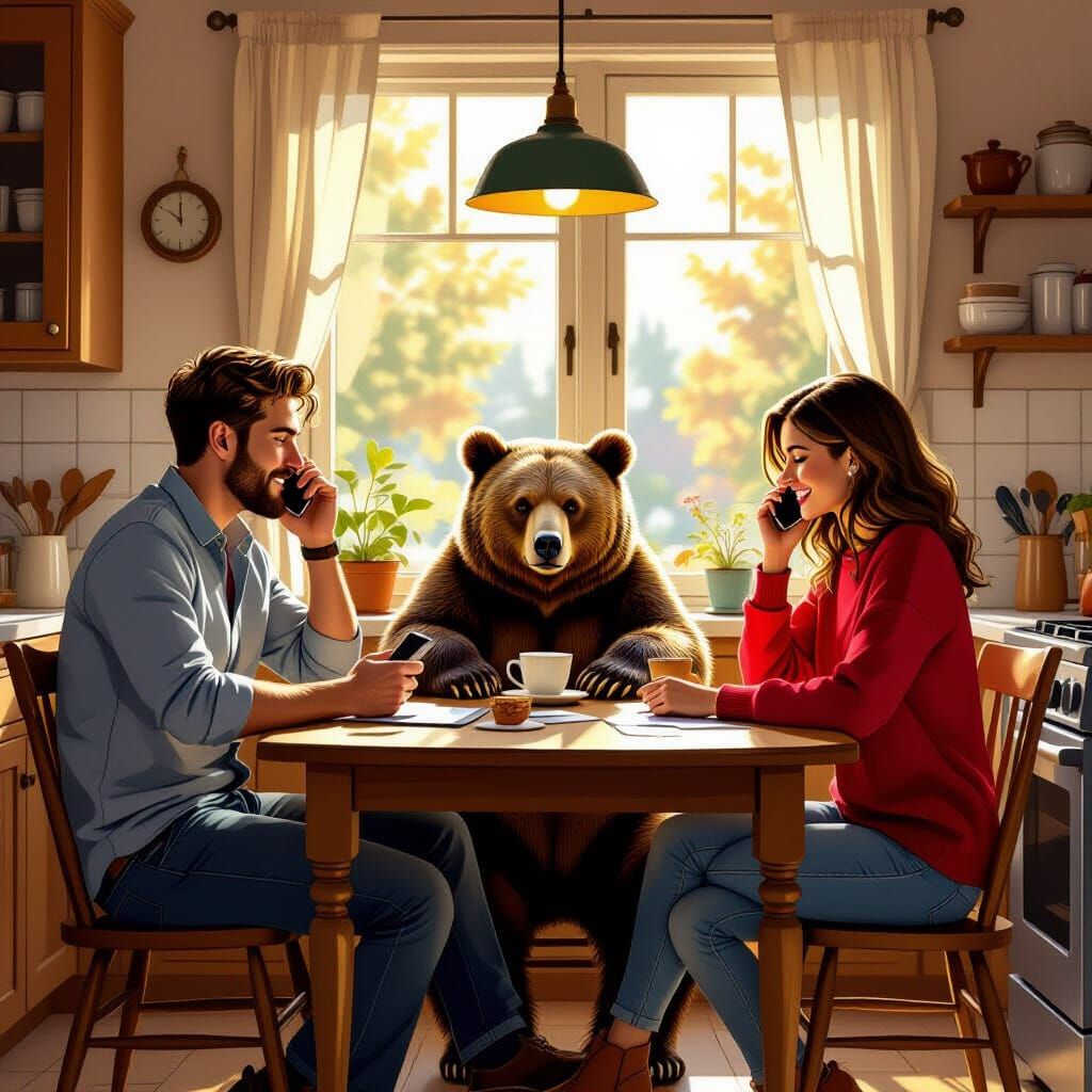Man, Bear, Woman Chatting on Phones in Cozy Kitchen