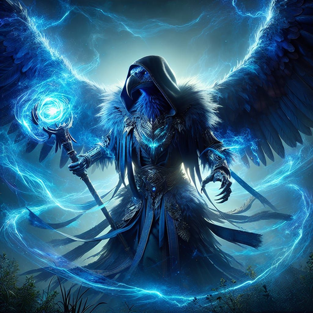 Mystical Dark Fantasy Scene with Blue-Armored Vulture Sorcer...