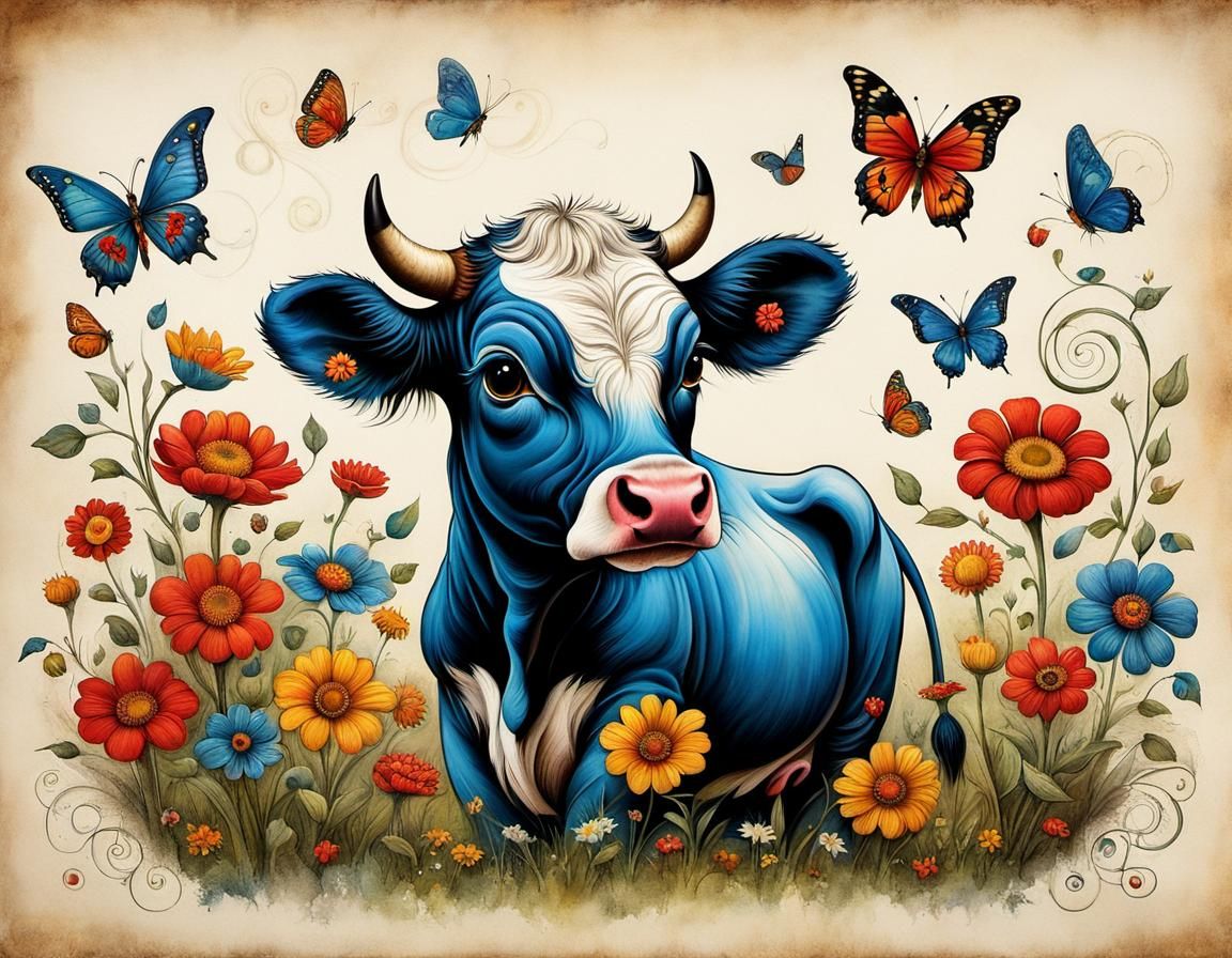 Enchanted Baby Cow in Whimsical Colorful World