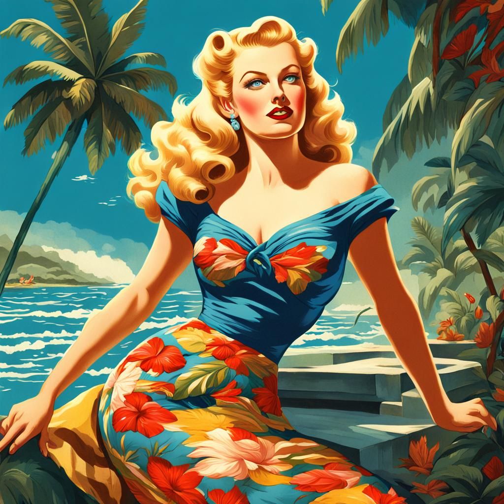 Vintage French Pinup Girl in Tropical Dress
