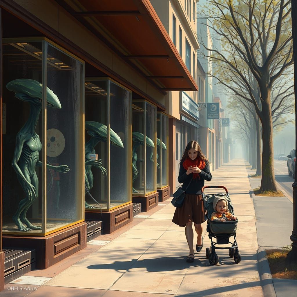 Surreal City Street Scene with Alien Companions for Sale