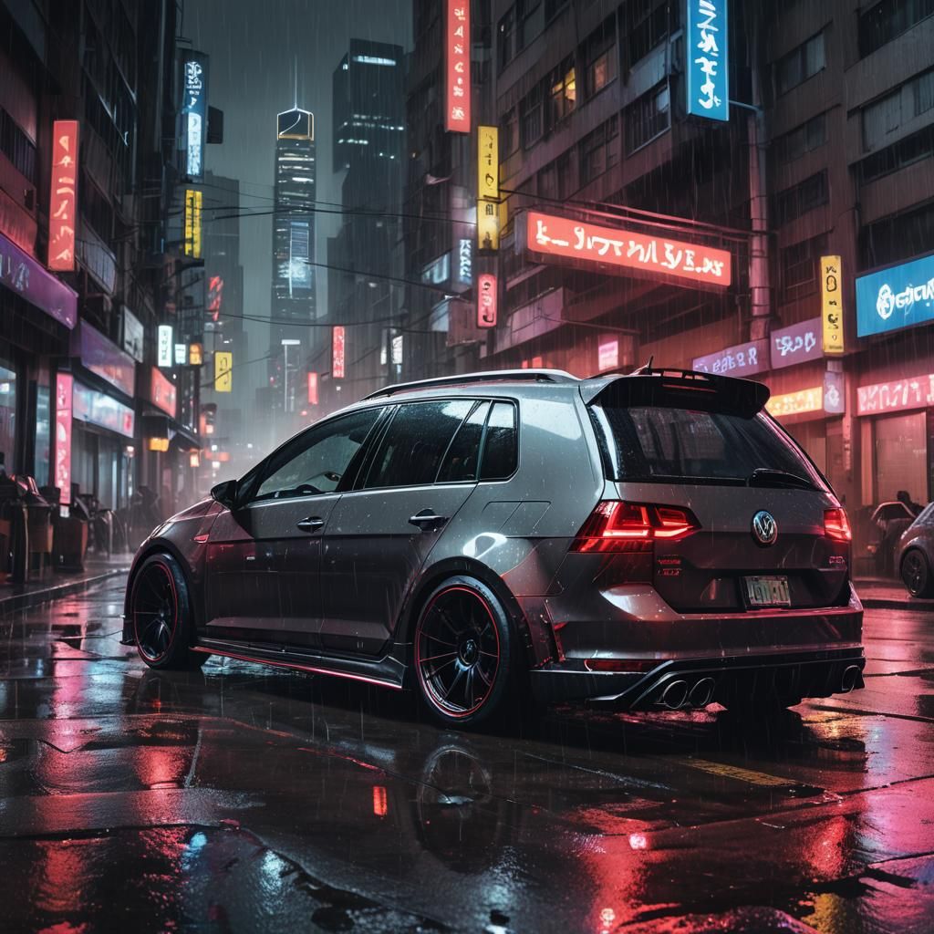 Cyberpunk VW Golf 7 R Variant on a Gritty City Street