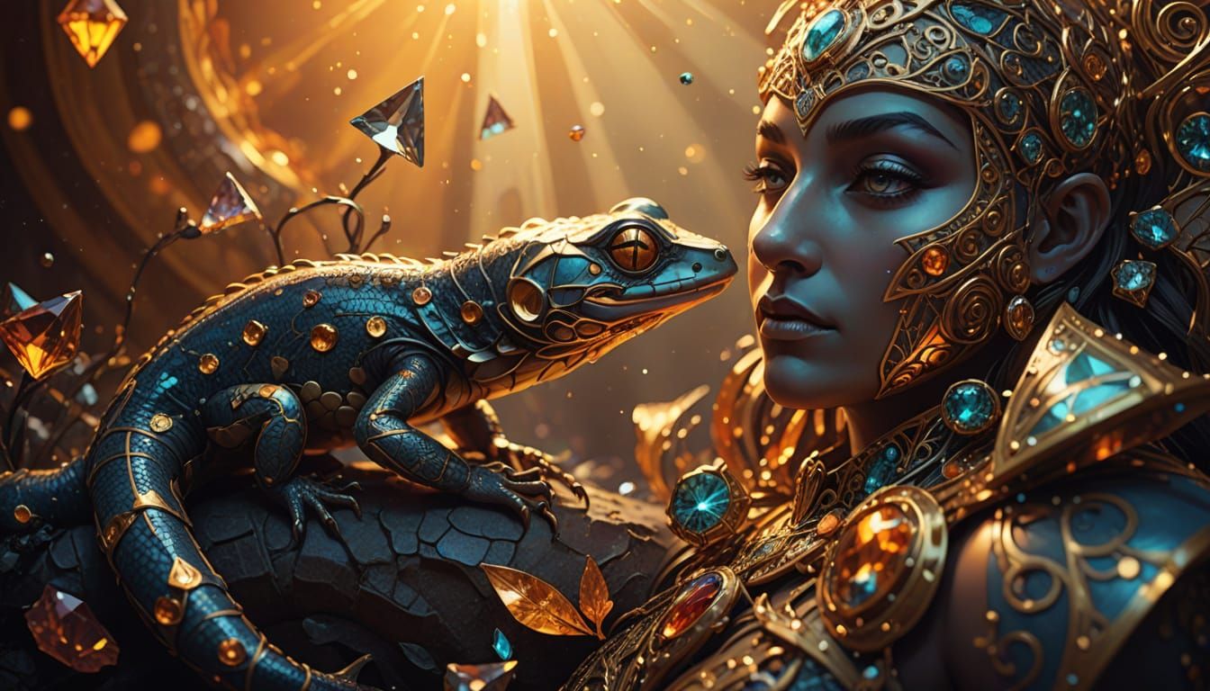 Salamander Contemplating Gems in Art Nouveau Style