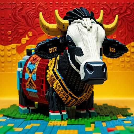 Vibrant Costa Rican Cow in Kaleidoscope Woodcut Style