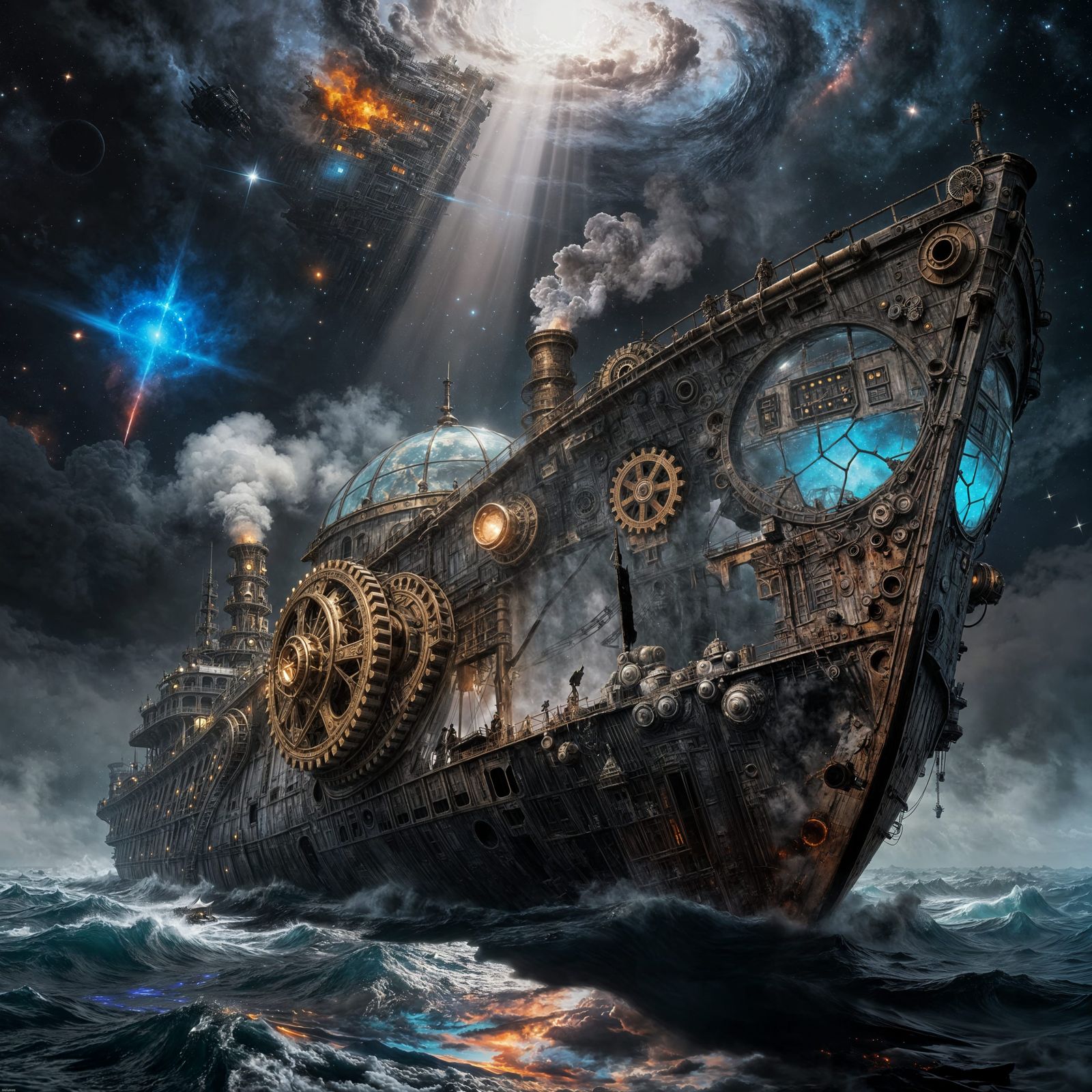 Ancient Steampunk Spaceship Drifting Through Cosmic Nebulae